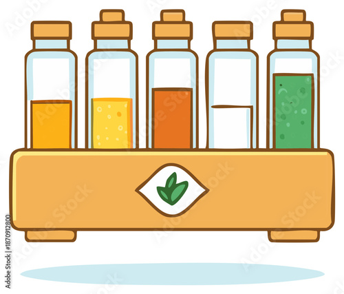 Cartoon style glass bottles with colorful liquids in a wooden tray