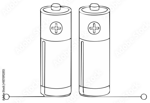 Two AA Batteries with Positive Terminals Illustrated Line Art
