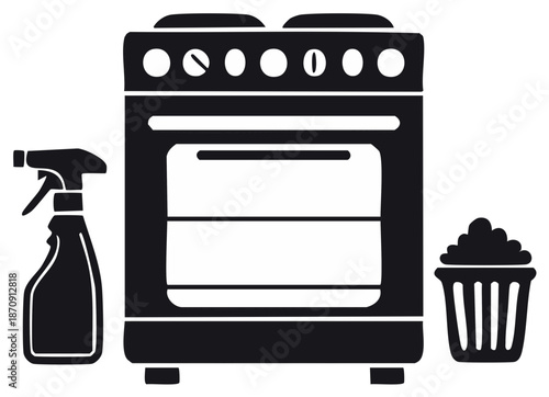 Illustration of a stove with a spray bottle and a wastebasket.