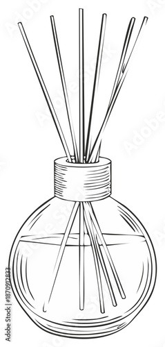 Line art illustration of a modern glass diffuser with reeds releasing fragrance into the air