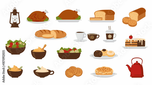 Flat lay illustration of various food items and tableware on a white background with a mix of warm and cool tones.
