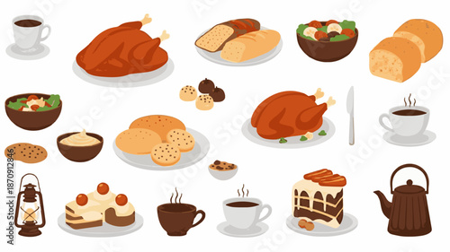 Flat lay illustration of various Thanksgiving foods and drinks on plates and in dishes against a clean white background.