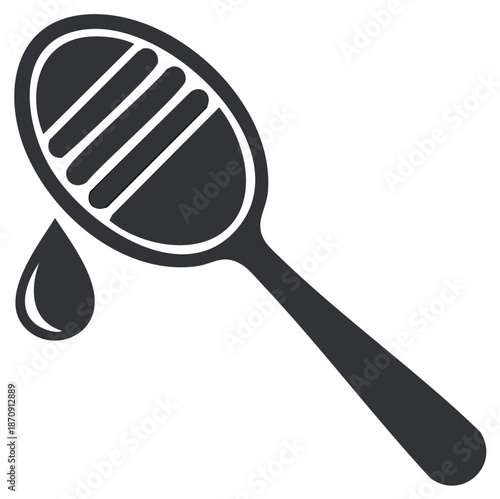 Stylized dark honey dipper stick with a sweet liquid honey drop falling