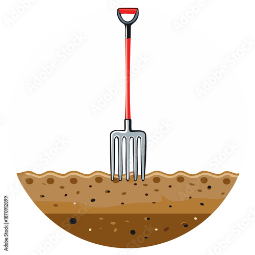 Garden fork with red handle digging into a cross section of soil layers vector illustration