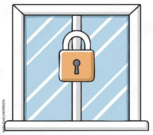 Cartoon illustration of a locked window with a padlock representing home security