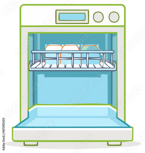 Open Dishwasher with Clean Dishes on Rack, Modern Kitchen Appliance Illustration
