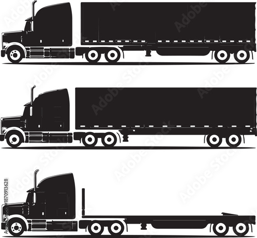 Semitruck silhouettes in different orientations on white background