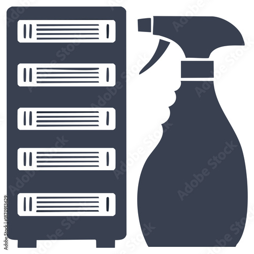 Vector illustration of a dark blue storage cabinet and a spray bottle, cleaning concept