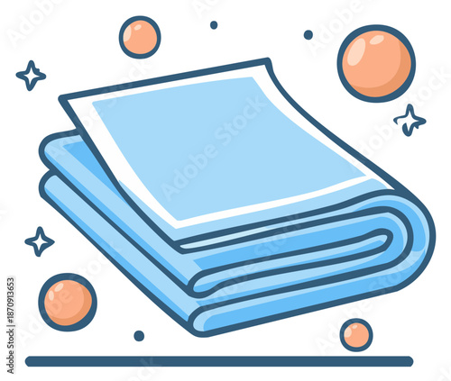 Clean stack of light blue folded towels with decorative stars and orange circles