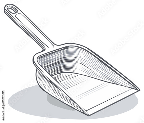 Illustration of a Handheld Dustpan with Handle, Engraved Style, Household Cleaning