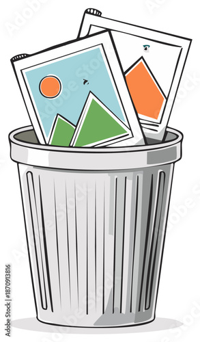 Discarded landscape images in a trash bin concept illustration