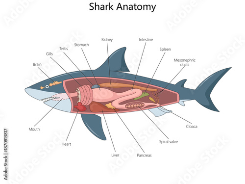 Photos shark anatomy showing internal organs such as liver, stomach, heart, intestines, gills, brain, and reproductive structures diagram hand drawn schematic vector