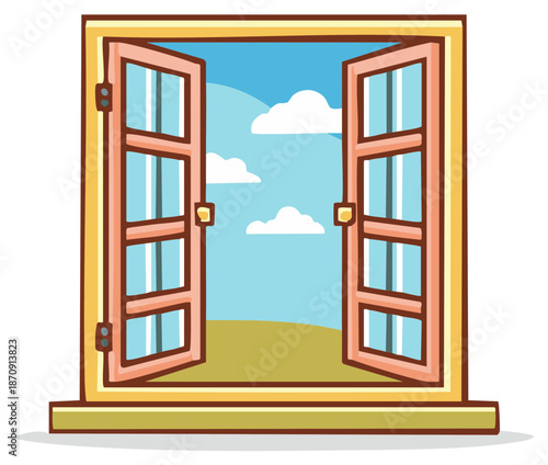 Cartoon open window with a sunny day landscape view of blue sky and clouds