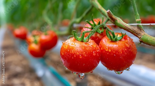 Organic tomato field supported drip irrigation and natural fertilization sustainable vegetable production eco food farming high detail sustainable farming concept