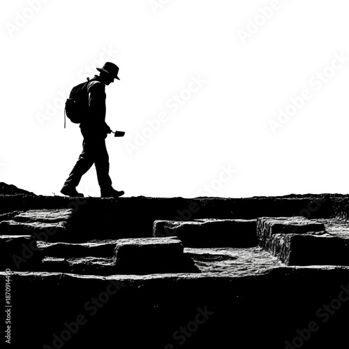Silhouette of a Hiker Walking on Rocky Terrain Against Bright Sky.