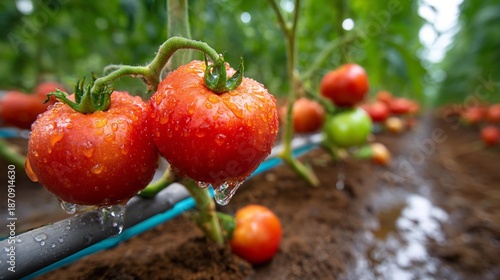 Organic tomato field supported drip irrigation and natural fertilization sustainable vegetable production eco food farming high detail sustainable farming concept