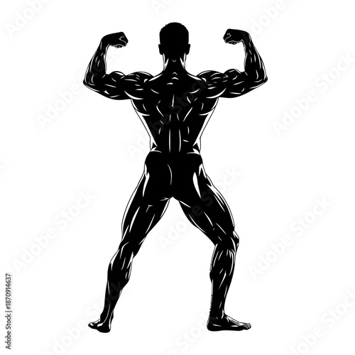 Silhouette of a Muscular Man Flexing Biceps and Back Muscles.