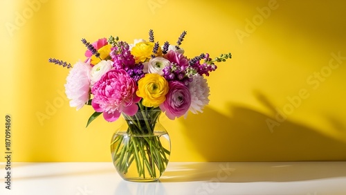 Vibrant floral arrangement with peonies and ranunculus on yellow background