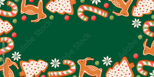 Festive border frame with gingerbread cookie, candy cane, reindeer, Christmas tree and snowflake for holiday celebration cartoon.
