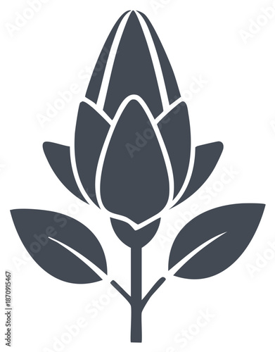 Elegant graphic of an artichoke bud with leaves, stem, and distinct geometric design elements