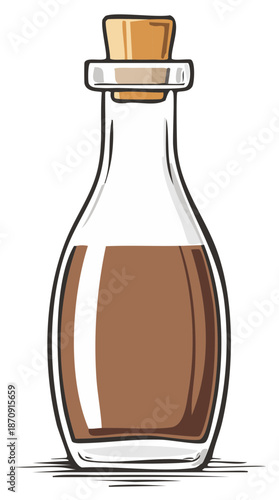 Hand drawn vector illustration of a vintage glass bottle with a cork stopper and brown liquid potion