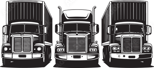 three semi truck cabs with trailers attached side by side