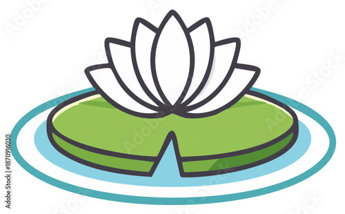 Beautiful water lily illustration blooming on a green pad floating gently on blue water