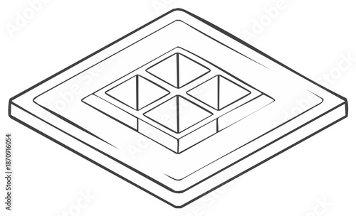Isometric line art illustration depicting a geometric square tile with a grid of four internal pyramids