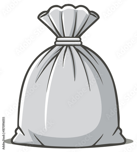 Illustrated gray tied sack with gathered top, generic fabric bag for storage, delivery, or goods