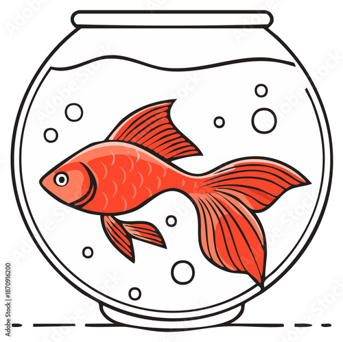 Simple cartoon illustration of a vibrant orange goldfish swimming inside a small fishbowl