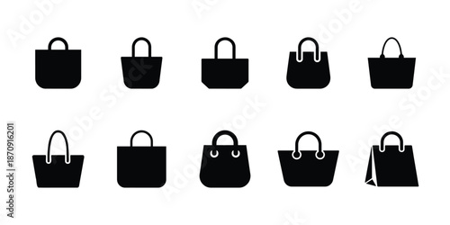 Minimalist tote bag and shopping handbag vector icon set silhouette