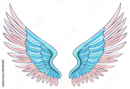 Pastel Wings: Two Graphic Angel Wings With Dreamy Pink and Blue Feathers, Isolated Design Elements for Fantasy Art