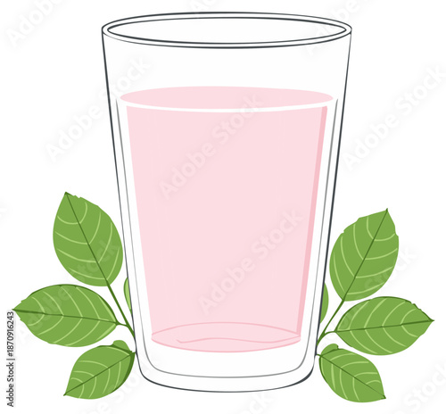 Refreshing Pink Drink in a Tall Glass with Green Leaves