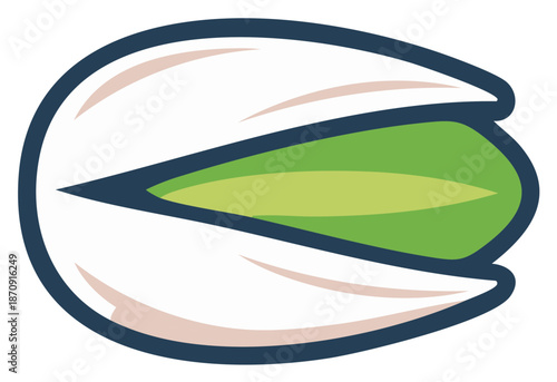 Stylized illustration of a green pistachio nut with a white shell in a simple graphic design