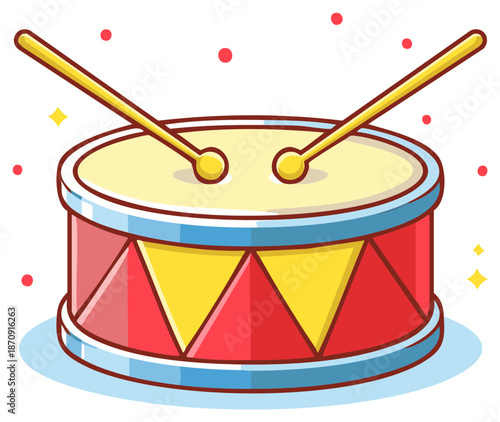Cartoon illustration of a festive drum with yellow drumsticks and red and yellow details