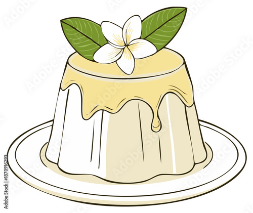 Creamy dessert with a delicate flower and leaf topping served on a white plate