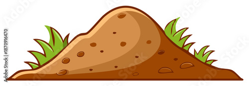 Cartoon illustration of an anthill mound made of soil and grass isolated on a white background