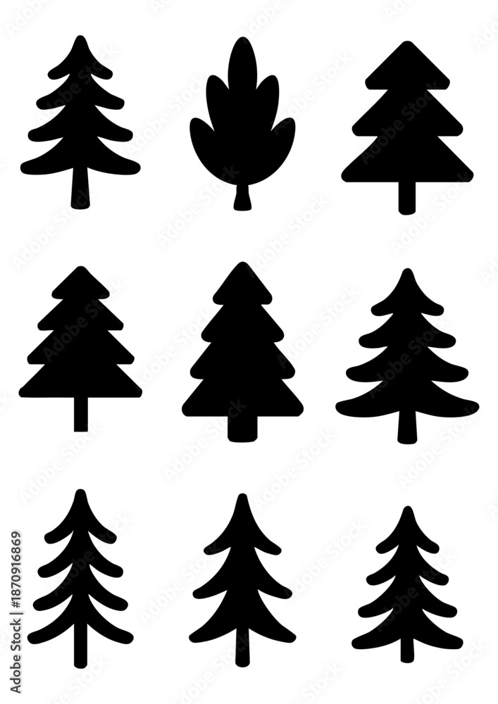 Obraz premium Set of black pine tree silhouettes and evergreen forest icons, Minimalist evergreen fir and spruce tree collection in flat vector style, Collection of coniferous forest tree shapes and botanical 