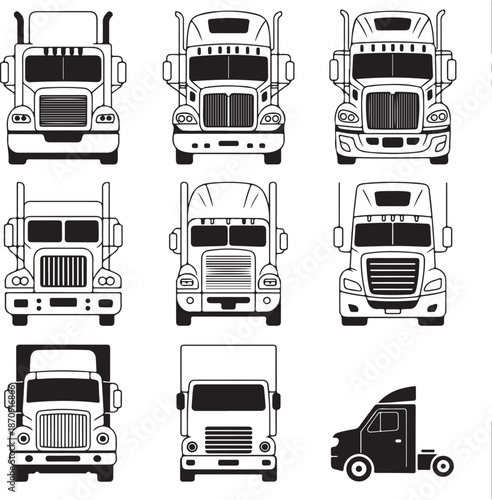 Various semi truck cabs and bodies illustrated in black and white