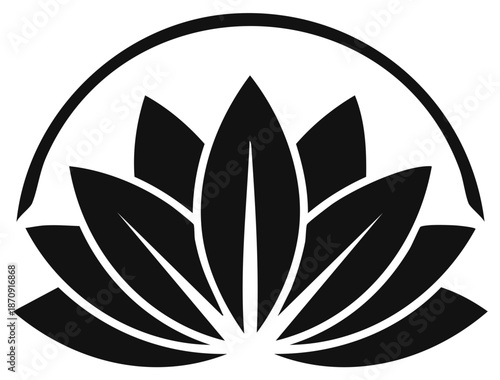 Stylized Black Lotus Flower Silhouette within a Crescent Arc