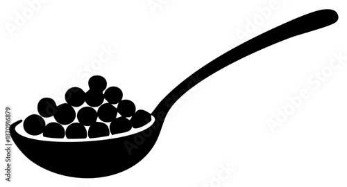 Black and white vector of spoon filled with caviar or small round candies