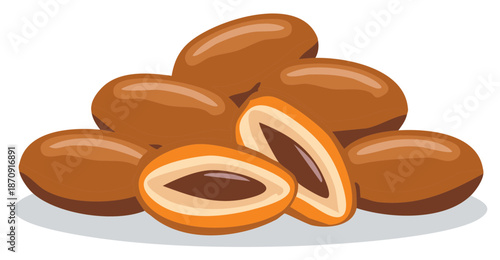Pile of Sweet Dates Illustration with One Cut Open Displaying Seed and Pulp Detail Fresh Tropical Fruit for Ramadan