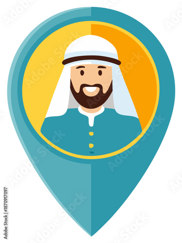 Smiling Arab Man Avatar in Map Location Pin Icon Flat Illustration