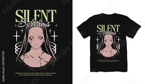 Silent Screams Anime japanese t shirt designs, anime gothic streetwear graphic t shirt vector, girl dark art streetwear design, Youth Urban Design for Print, Urban Style, Graphic for Apparel.