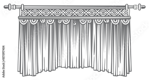 Ornamental Window Curtains and Valance on Rod, Decorative Drawing of Window Dressing, Elegant Home Decor