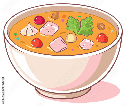 Illustrative bowl of soup with garnishes and ingredients graphic