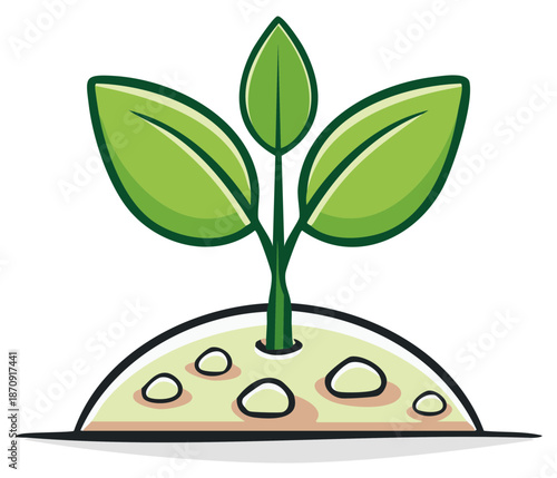A single green sprout with three leaves emerges from fertile soil with pebbles
