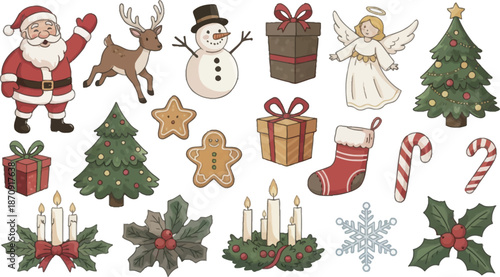 Christmas icons and elements set with trees gifts and decorations cartoon style