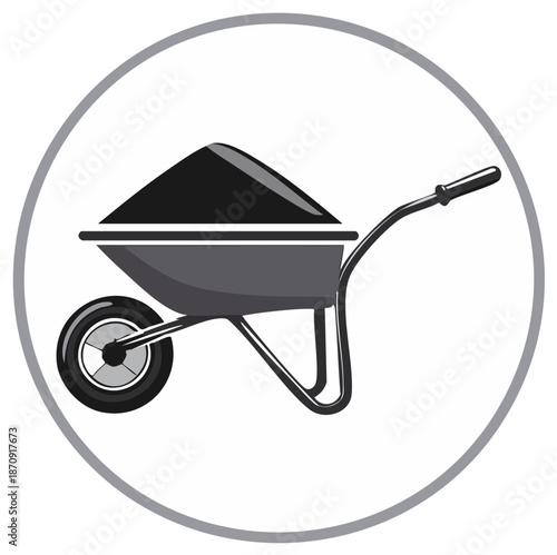 Wheelbarrow Full of Soil: Gardening Equipment, Landscaping Tools in a Gray Circle