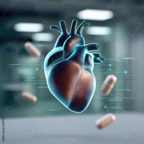 Futuristic digital heart illustration with glowing lines, surrounded by capsules, symbolizes advanced medical technology